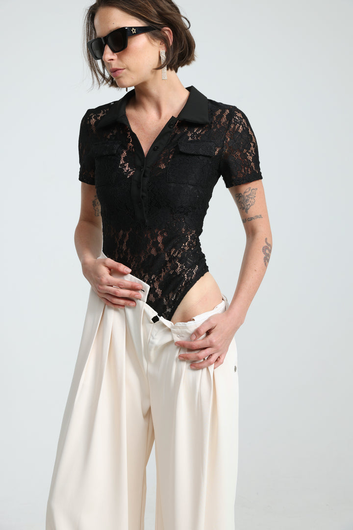 Lace Polo Black Bodysuit