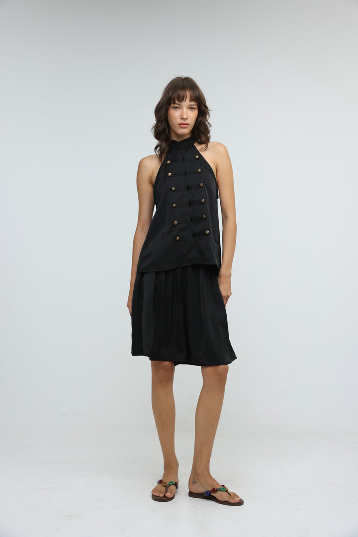 Satin Black Buttoned Halter Top