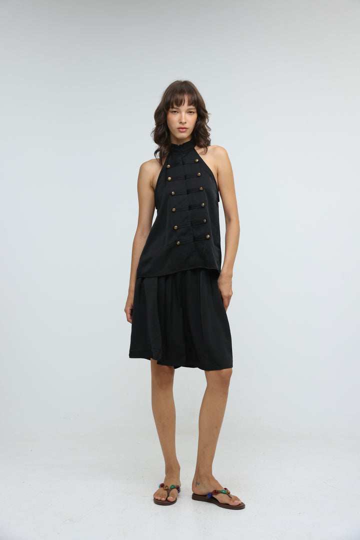 Satin Black Buttoned Halter Top