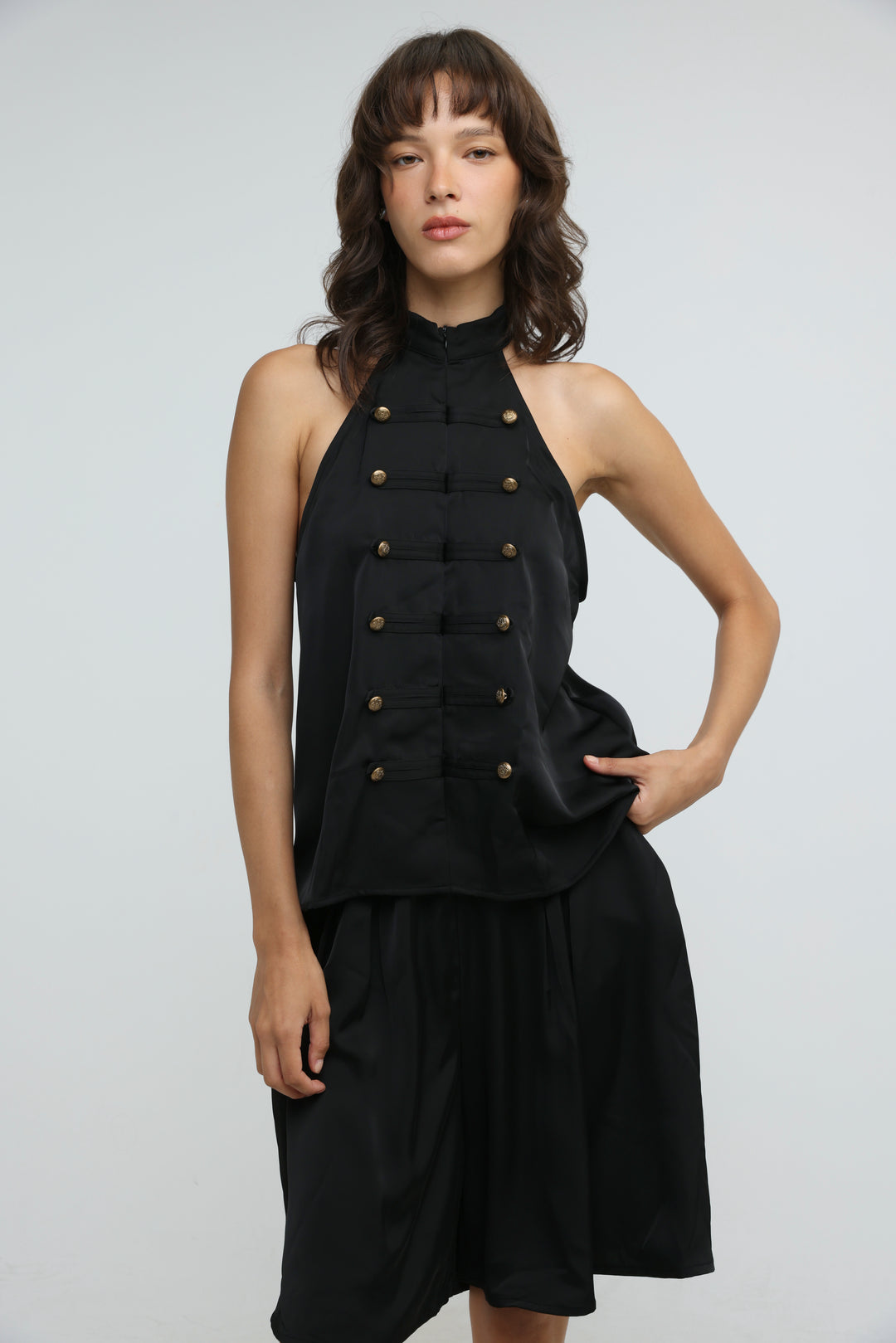 Satin Black Buttoned Halter Top