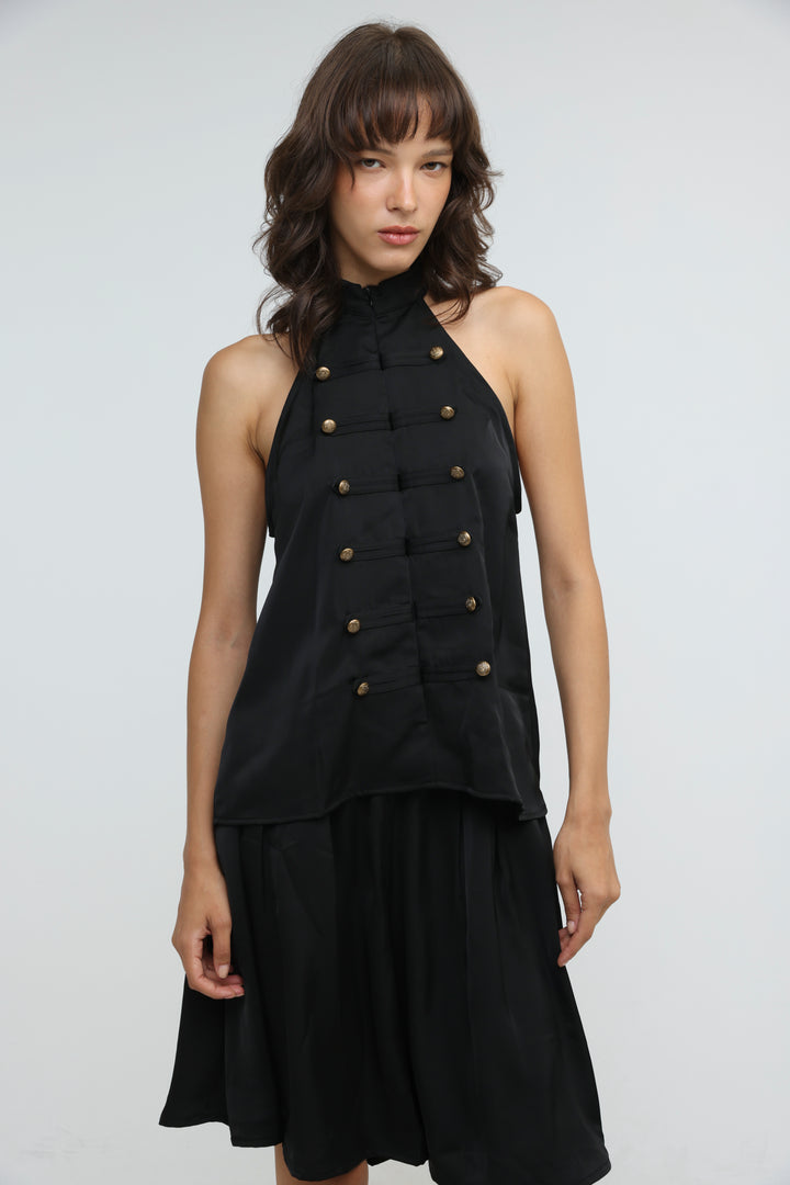 Satin Black Buttoned Halter Top