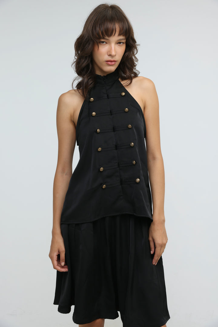 Satin Black Buttoned Halter Top