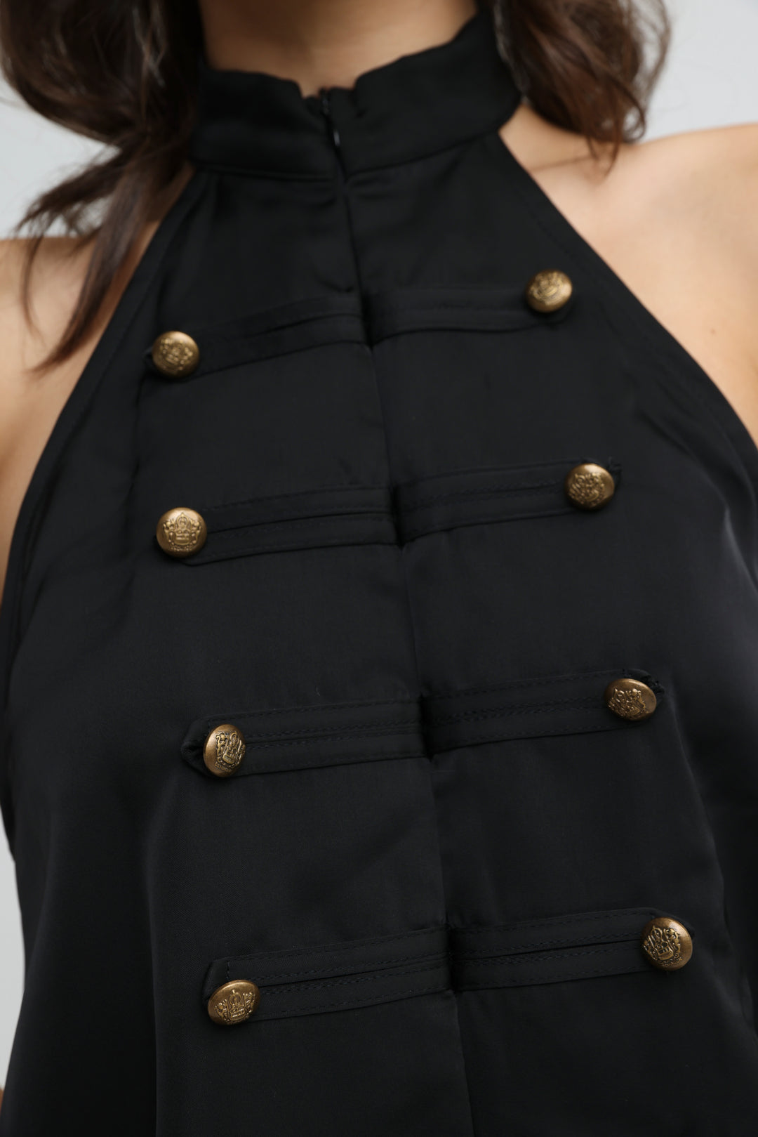 Satin Black Buttoned Halter Top