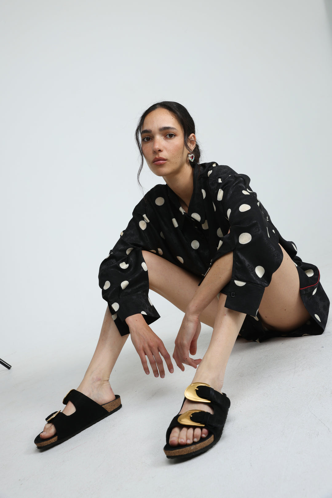 Gold Buckle Black Suede Slides
