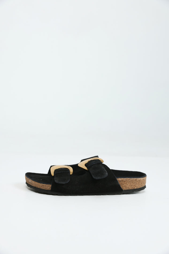 Gold Buckle Black Suede Slides