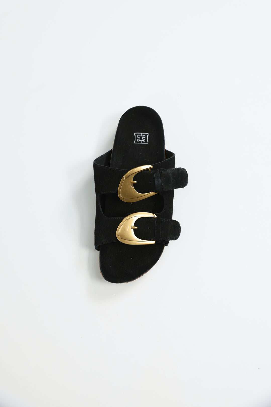 Gold Buckle Black Suede Slides
