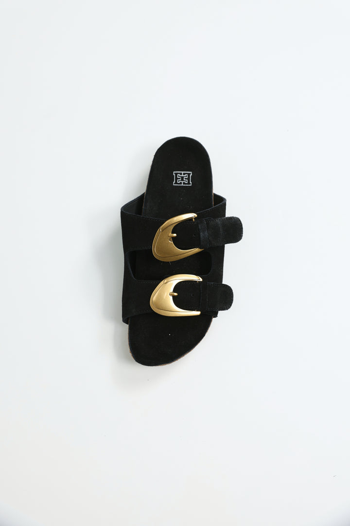 Gold Buckle Black Suede Slides