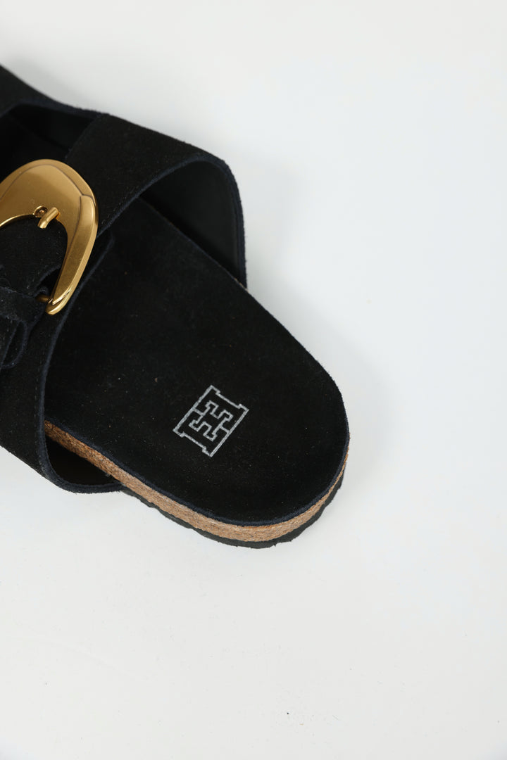 Gold Buckle Black Suede Slides