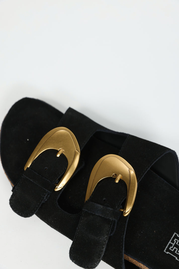 Gold Buckle Black Suede Slides