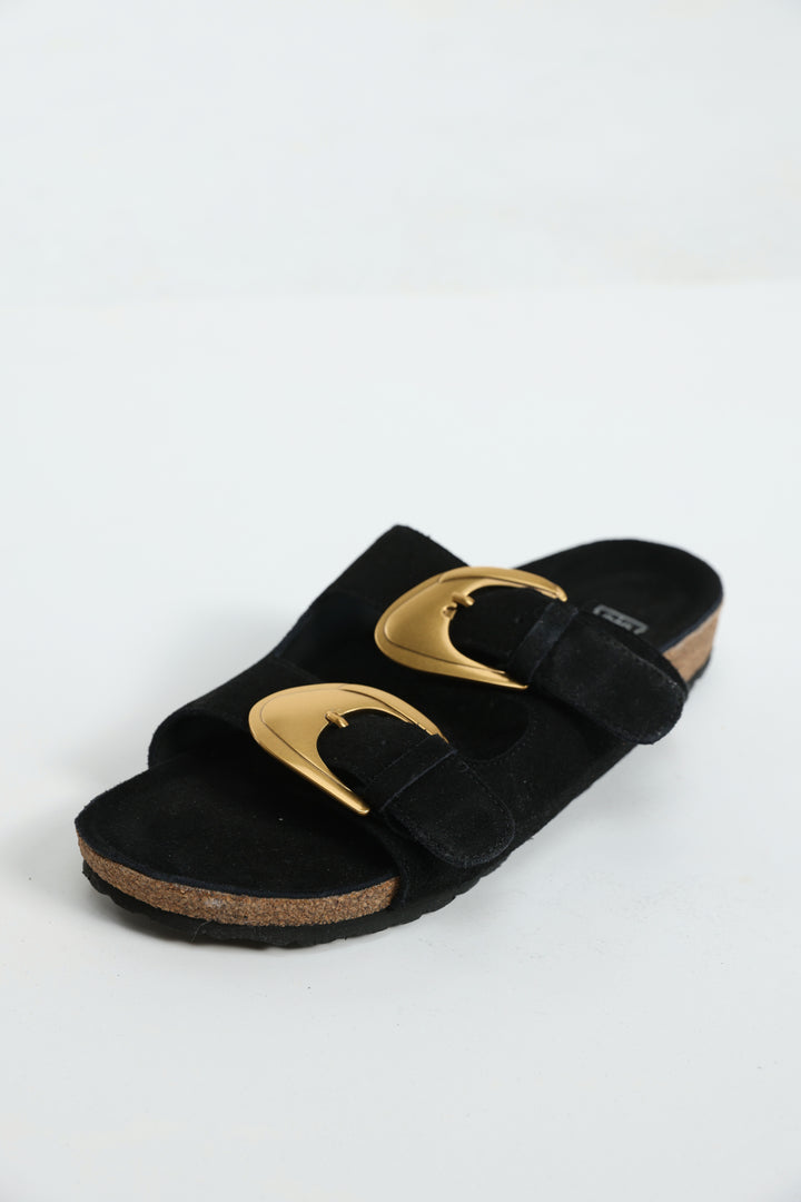 Gold Buckle Black Suede Slides