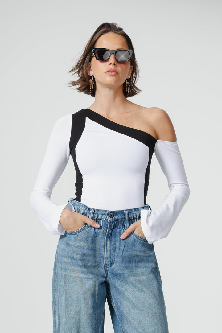 Mixed White One Shoulder Shirt