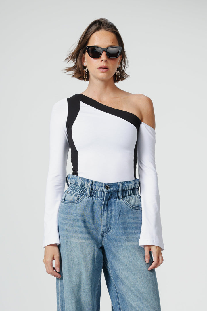 Mixed White One Shoulder Shirt