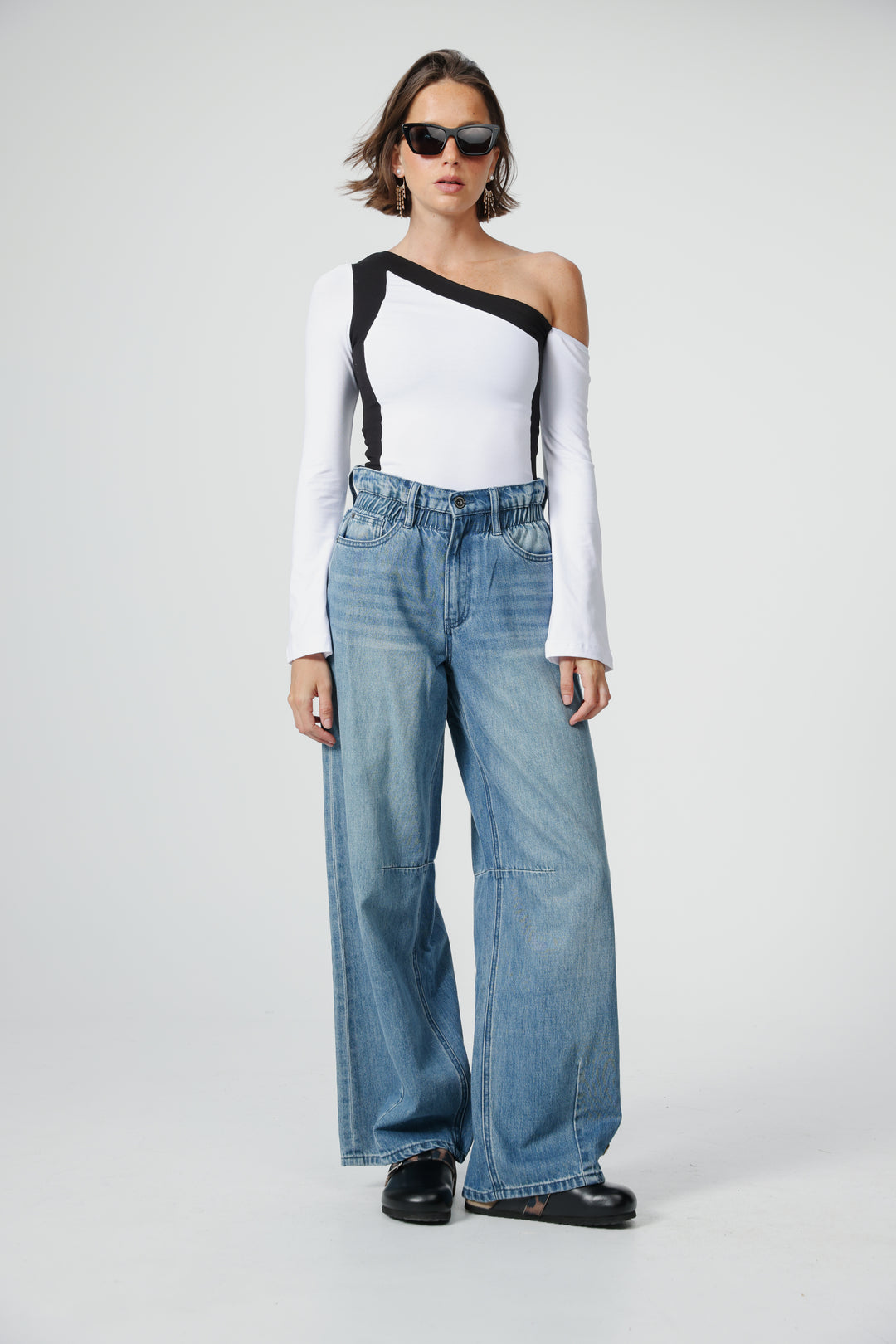 Mixed White One Shoulder Shirt
