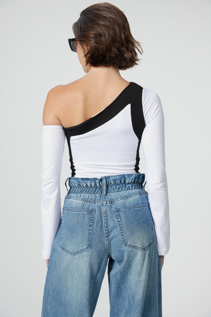 Mixed White One Shoulder Shirt