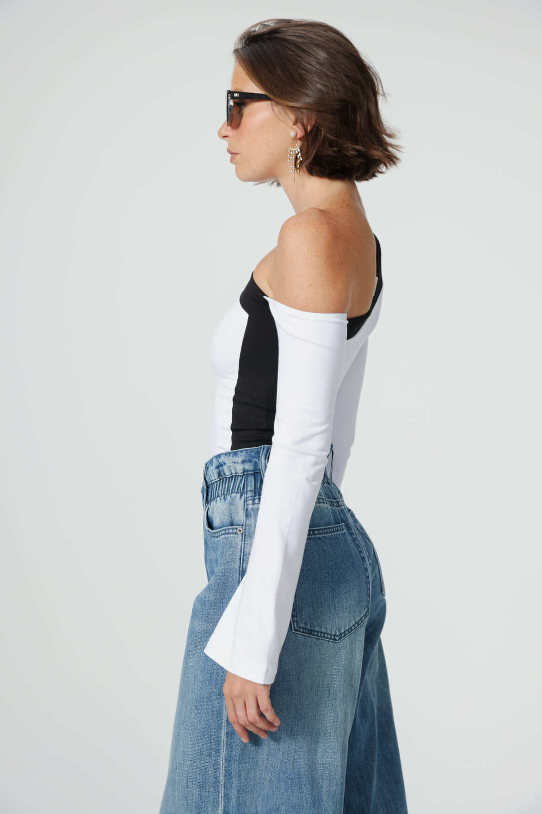 Mixed White One Shoulder Shirt