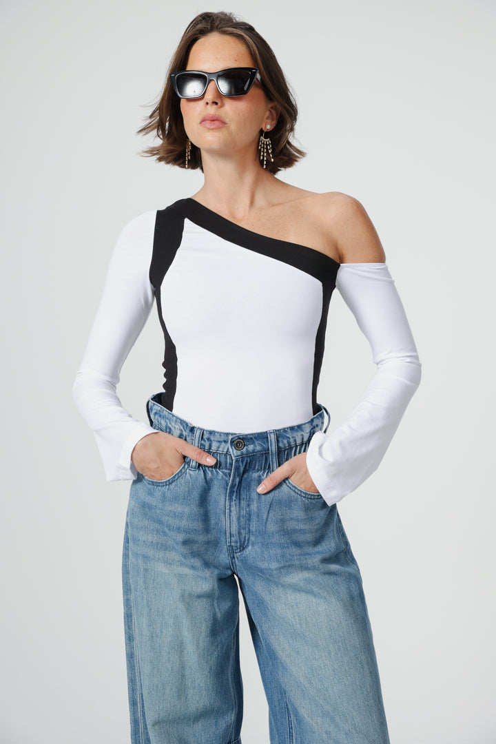 Mixed White One Shoulder Shirt
