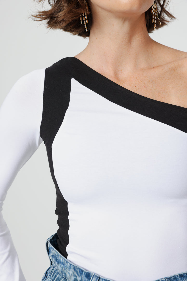 Mixed White One Shoulder Shirt