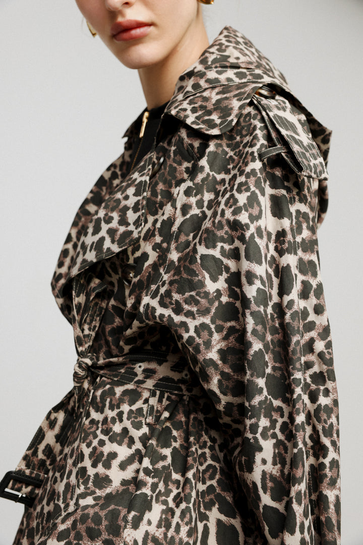 מעיל טרנץ' מנומר פוליאסטר Leopard Short Trench Coat