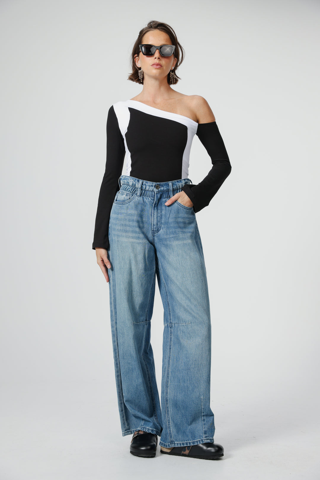 Mixed Black One Shoulder Shirt