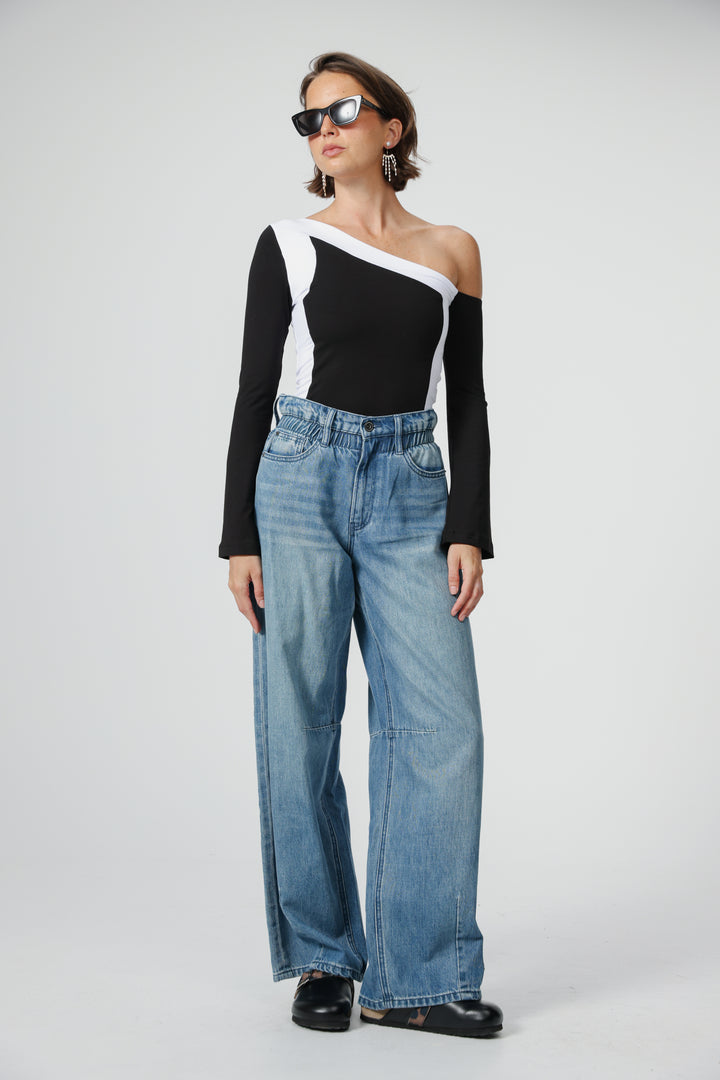 Mixed Black One Shoulder Shirt