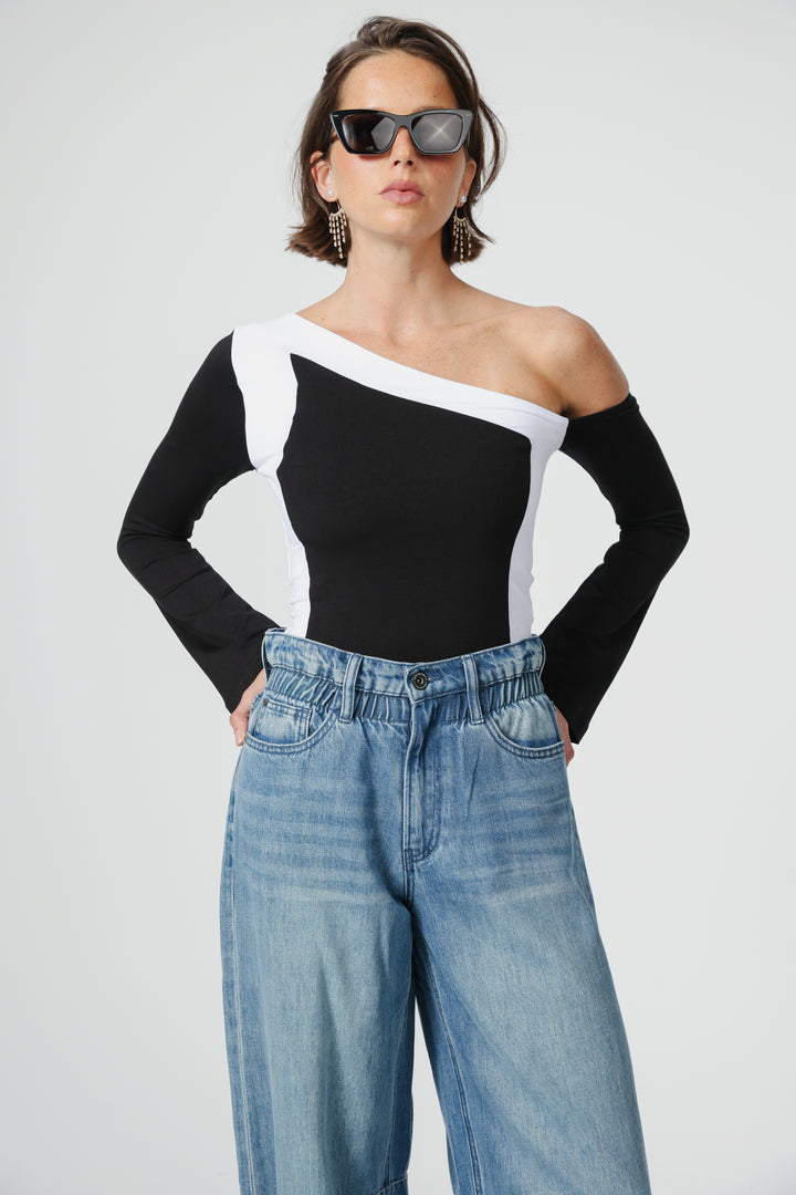 Mixed Black One Shoulder Shirt