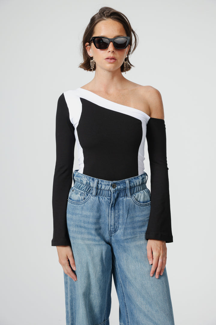 Mixed Black One Shoulder Shirt