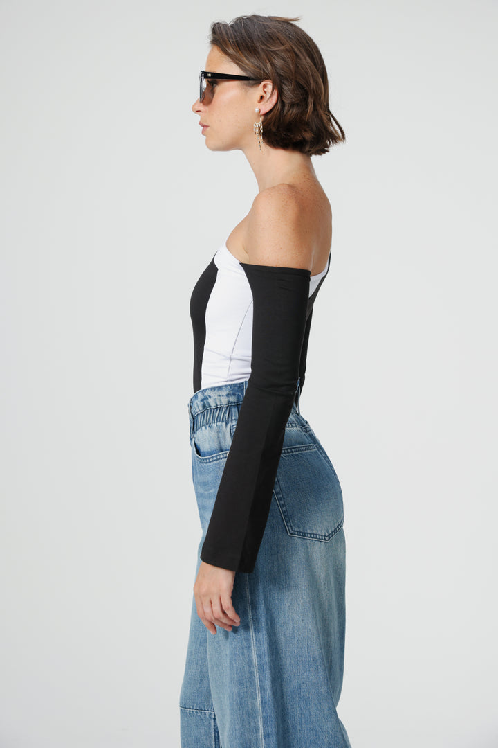 Mixed Black One Shoulder Shirt