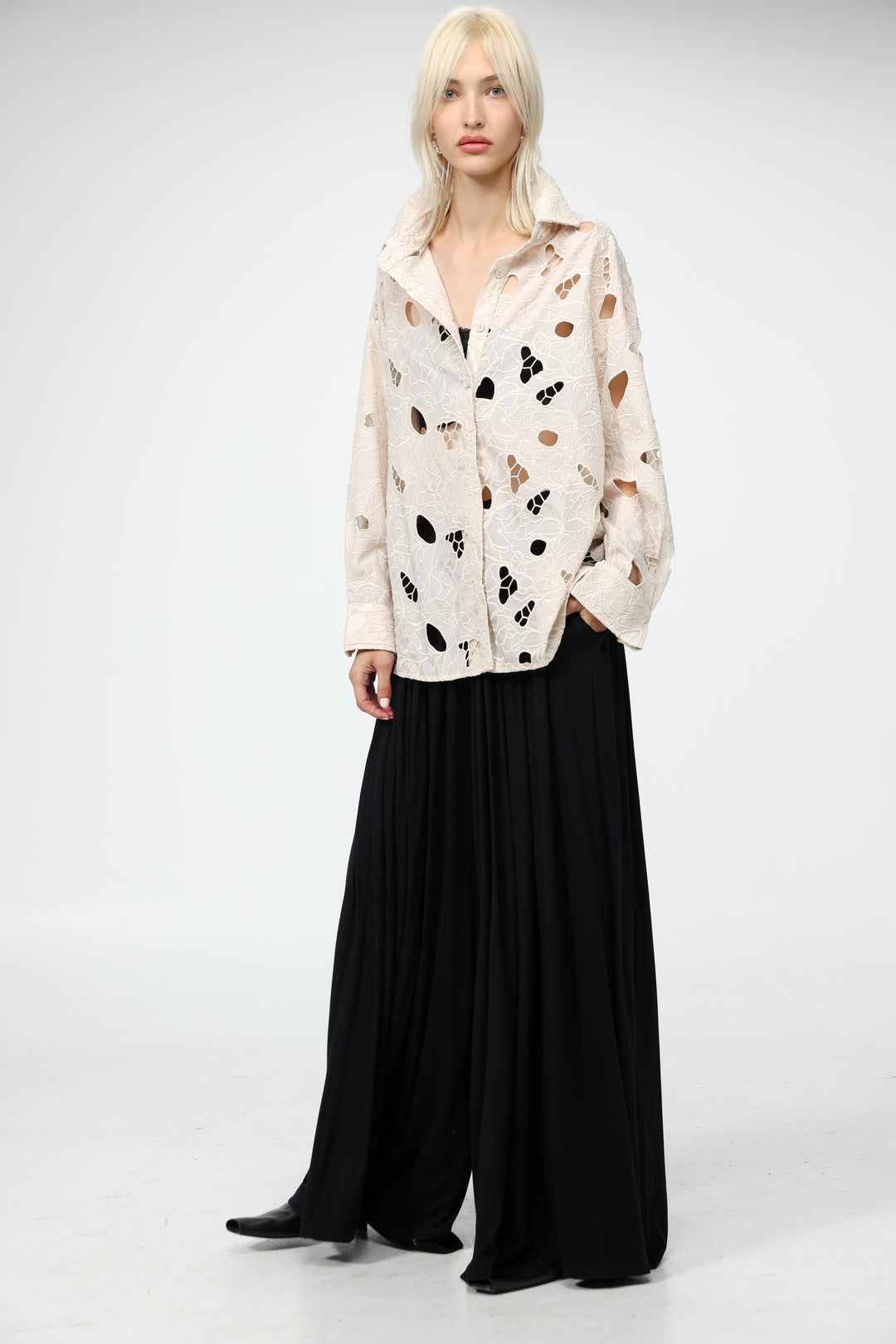 Floral Cutwork Cream Buttoned Shirt