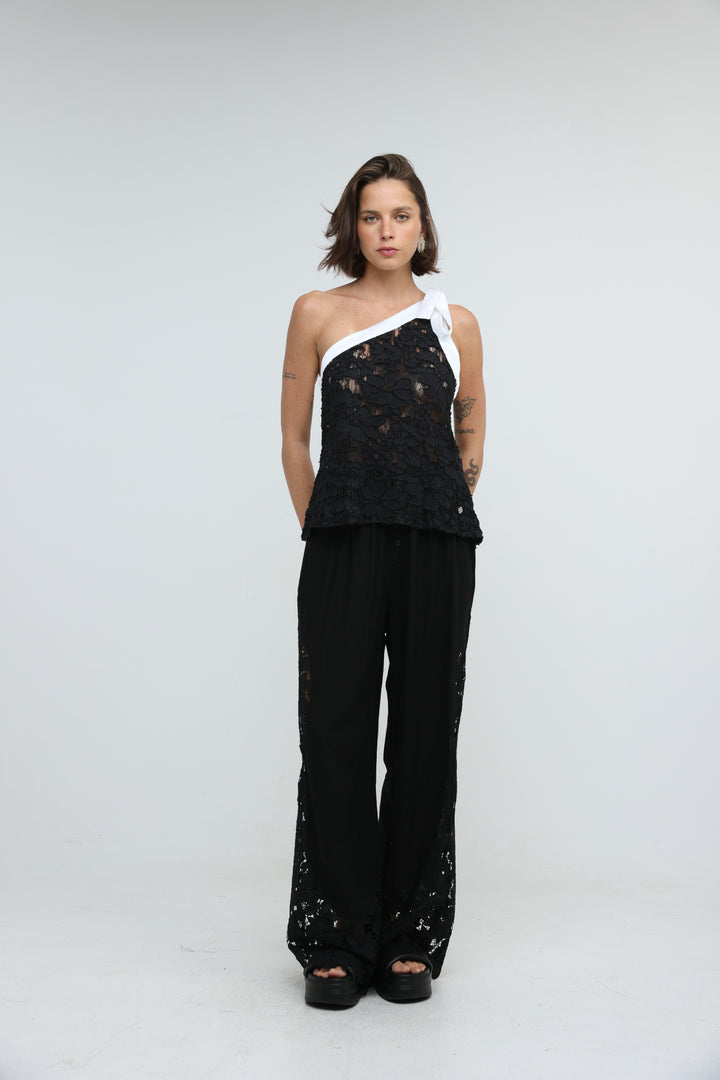 Floral Lace Black One Shoulder Top