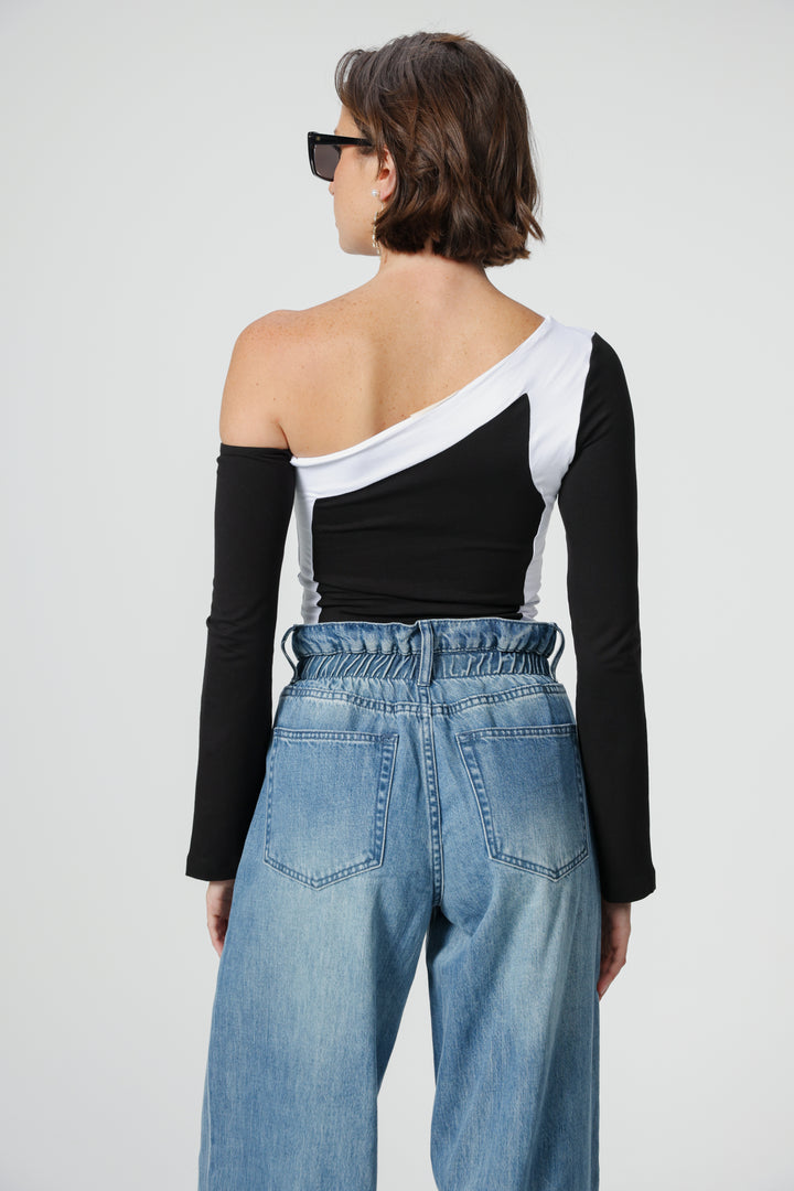Mixed Black One Shoulder Shirt