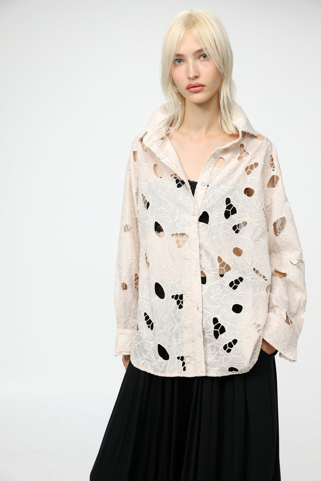 Floral Cutwork Cream Buttoned Shirt