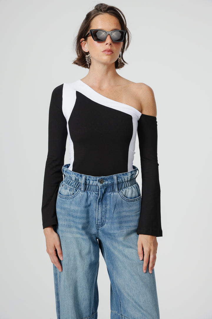 Mixed Black One Shoulder Shirt