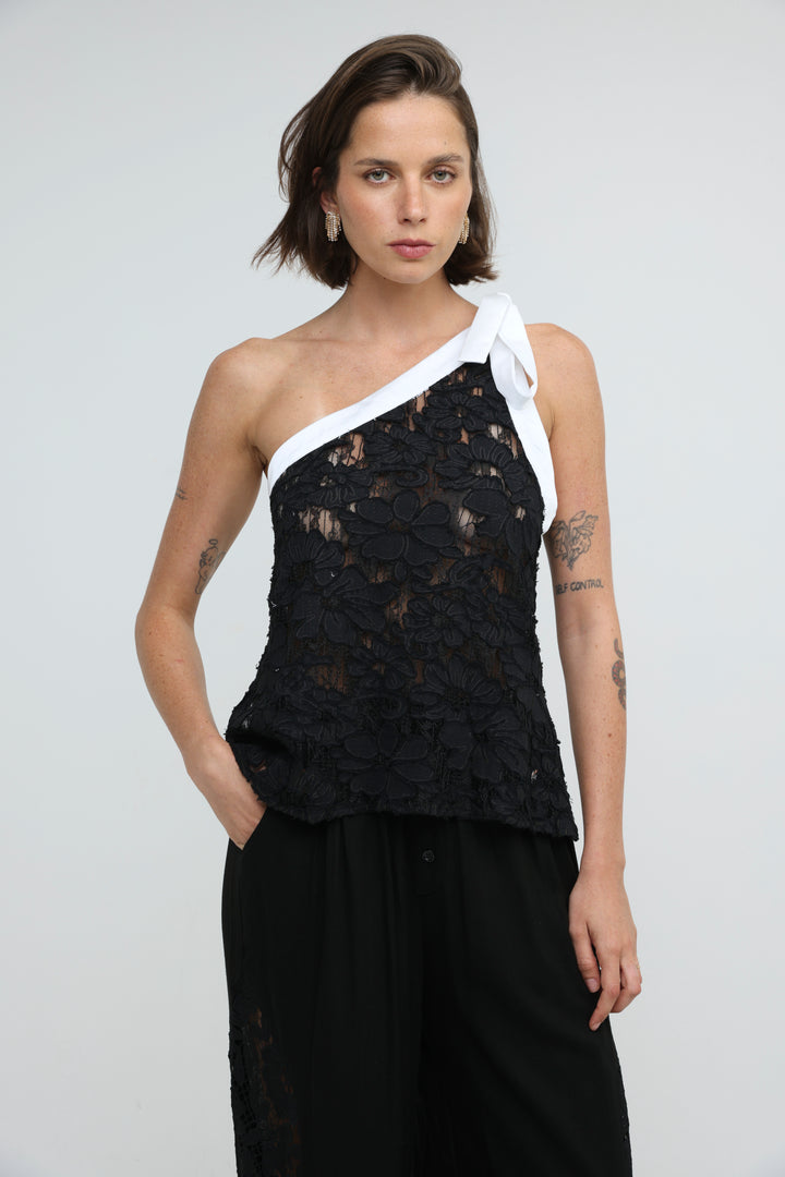 Floral Lace Black One Shoulder Top
