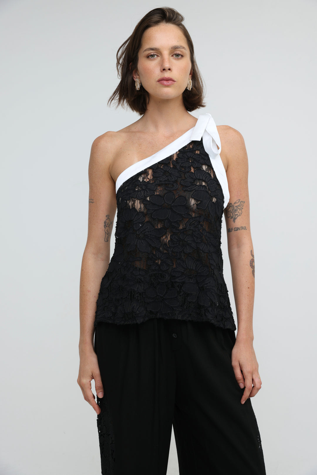 Floral Lace Black One Shoulder Top