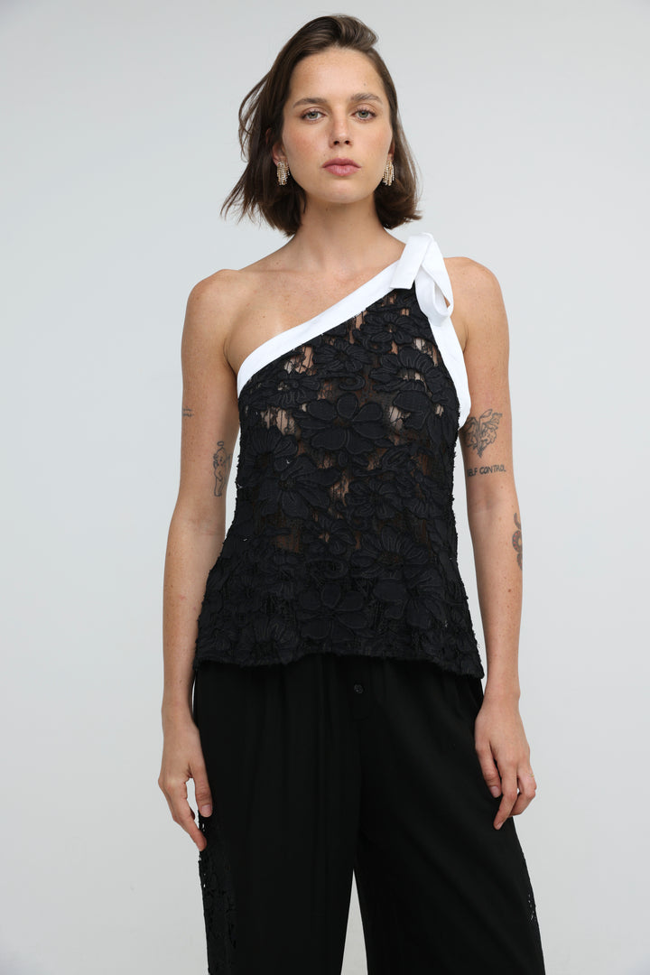 Floral Lace Black One Shoulder Top