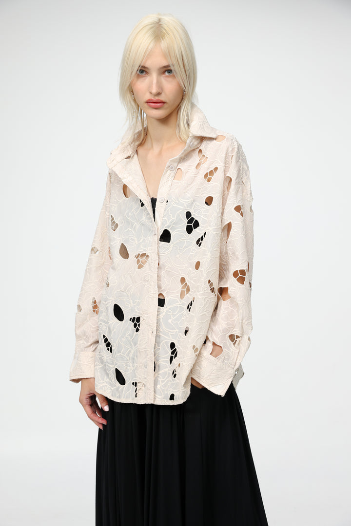 Floral Cutwork Cream Buttoned Shirt