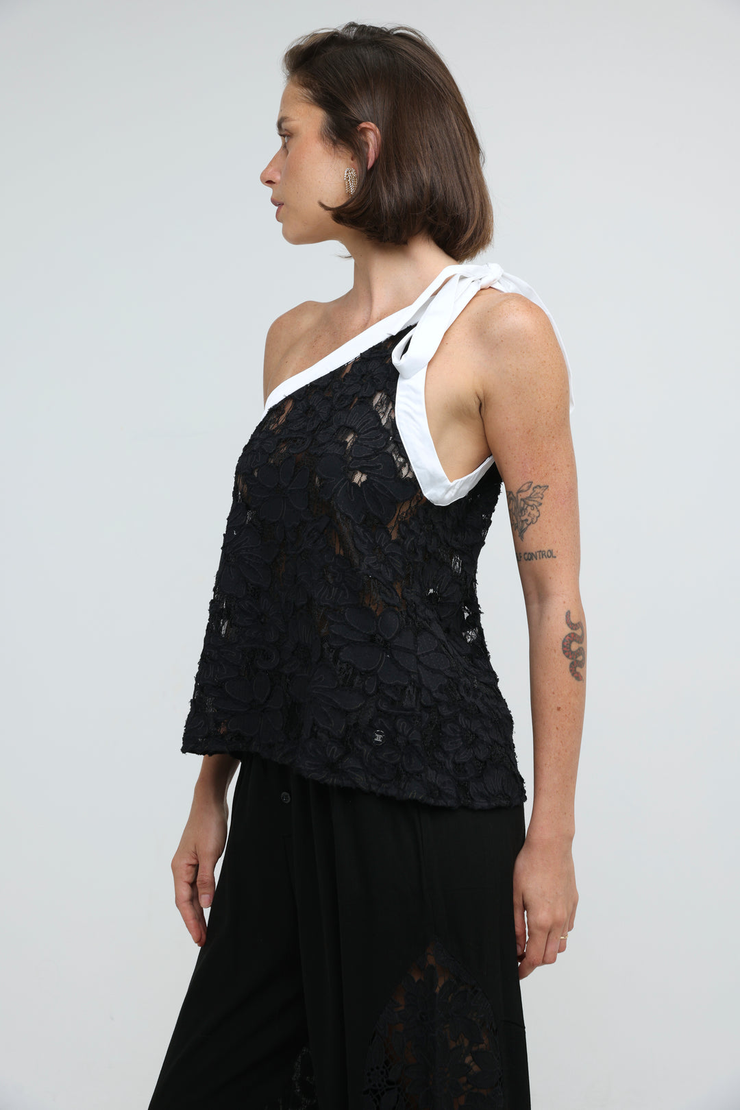 Floral Lace Black One Shoulder Top
