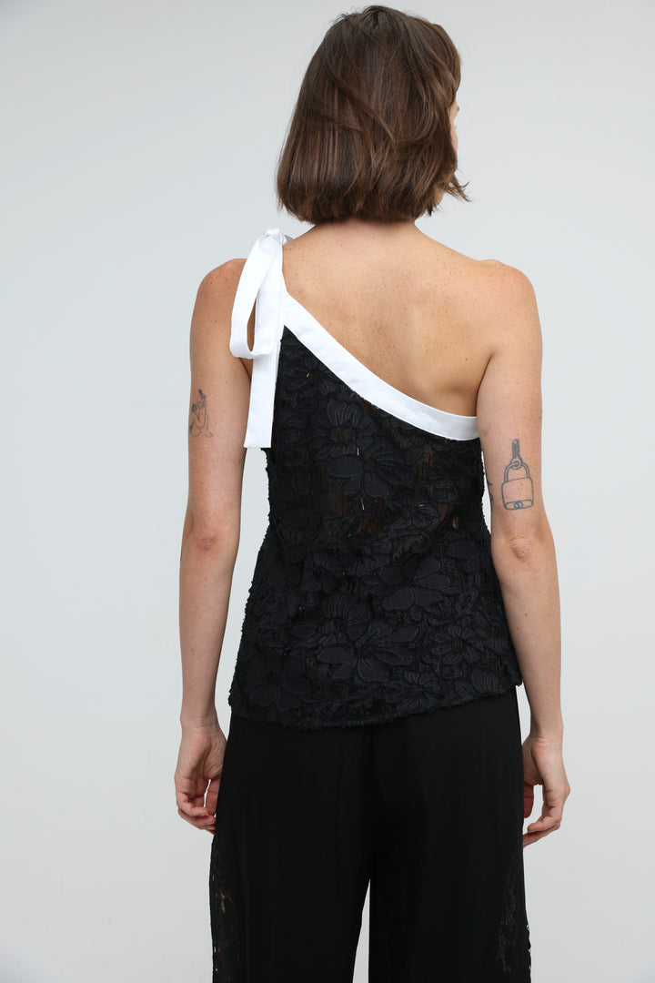 Floral Lace Black One Shoulder Top