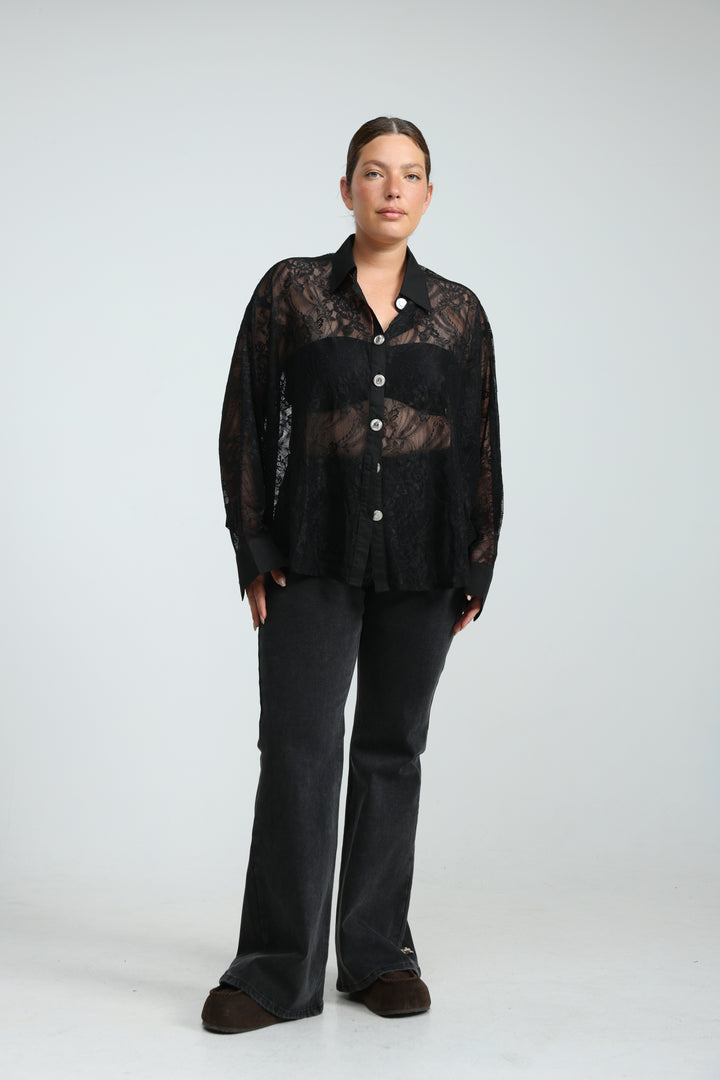 Oversized Black Lace Buttoned Shirt