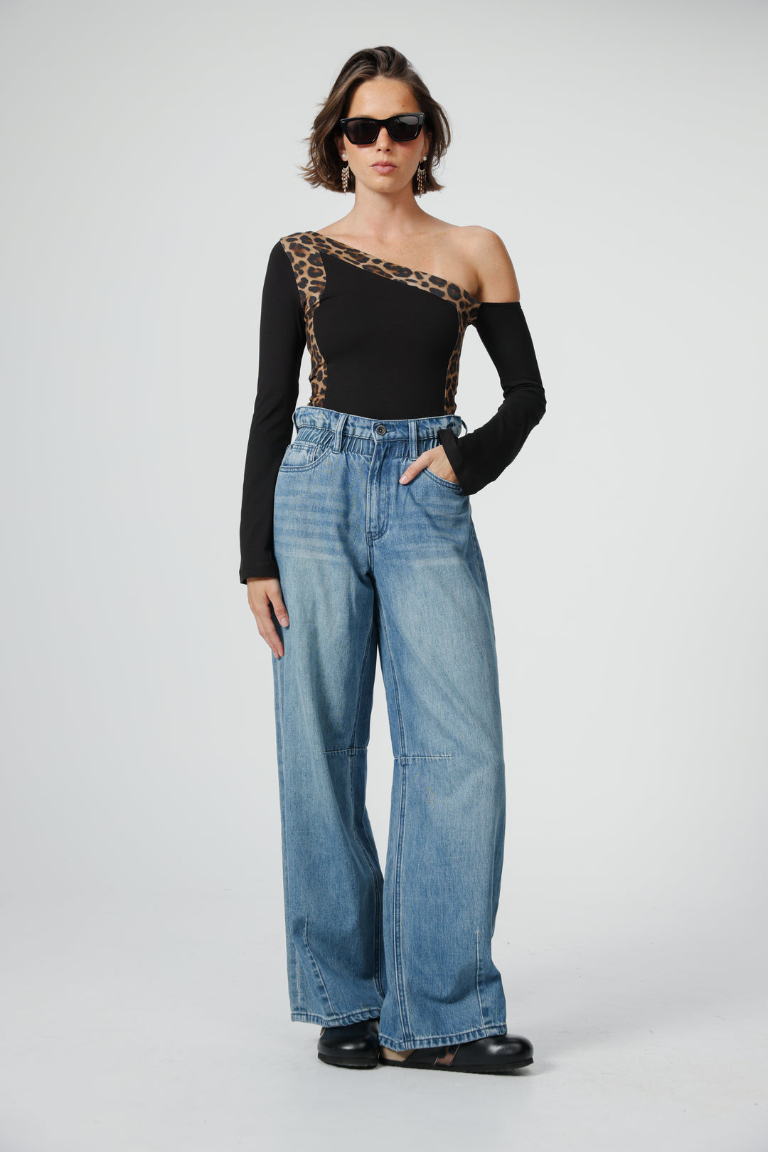Mixed Black/Leopard One Shoulder Shirt