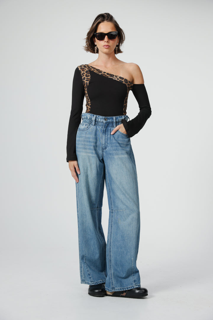 Mixed Black/Leopard One Shoulder Shirt