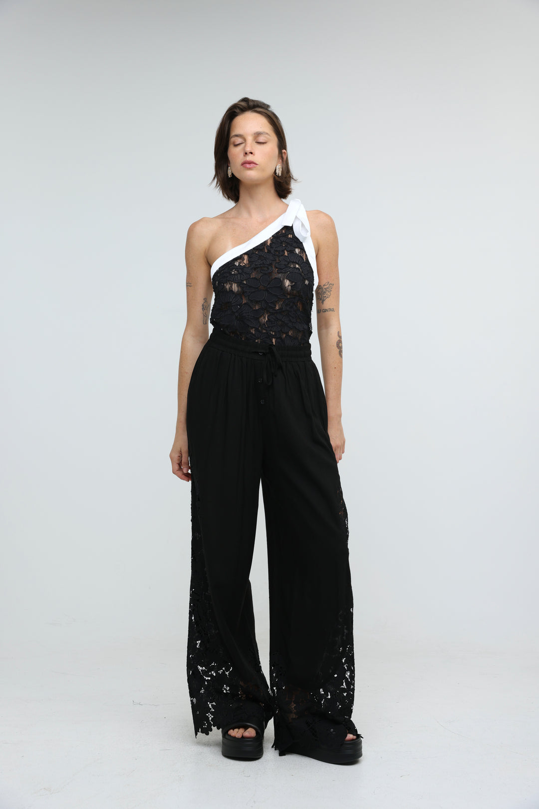 Floral Lace Black One Shoulder Top