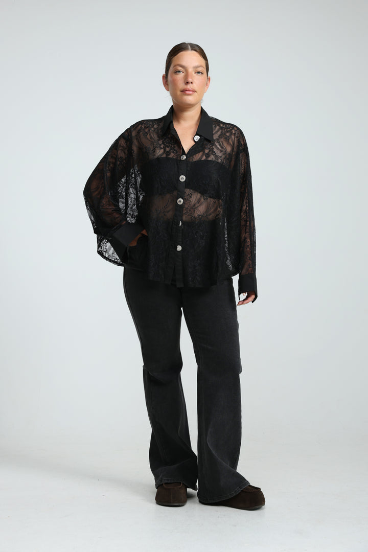 Oversized Black Lace Buttoned Shirt