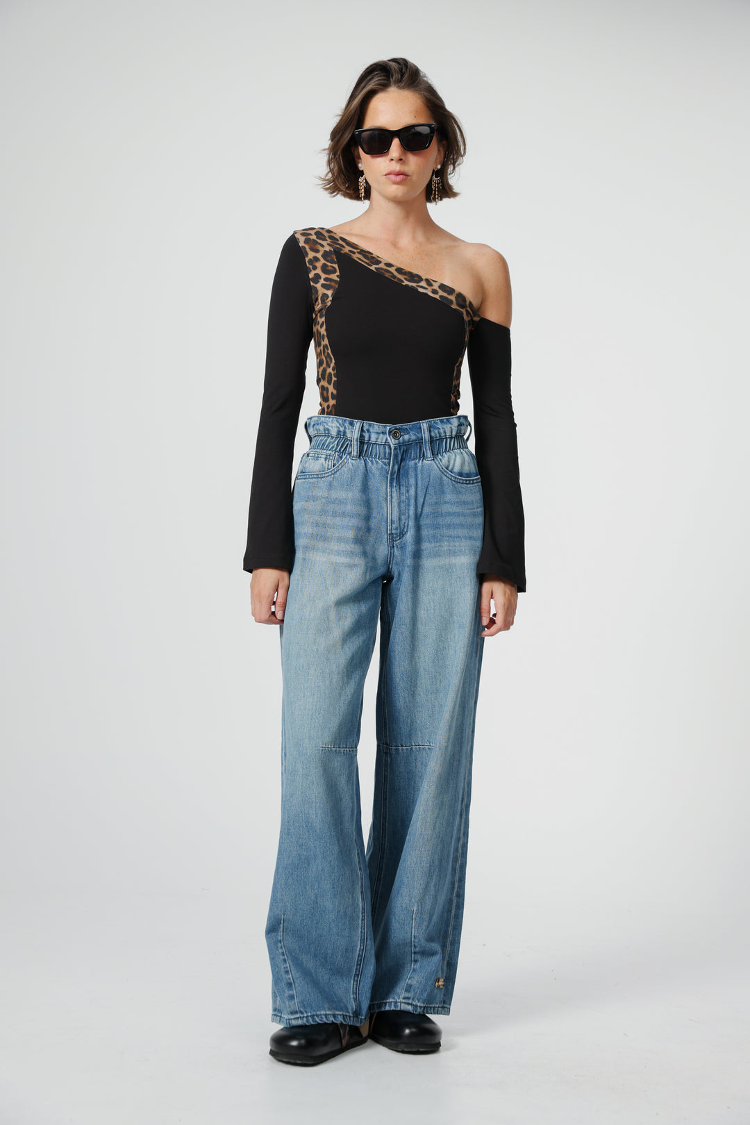 Mixed Black/Leopard One Shoulder Shirt