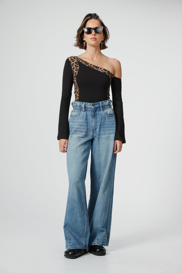 Mixed Black/Leopard One Shoulder Shirt