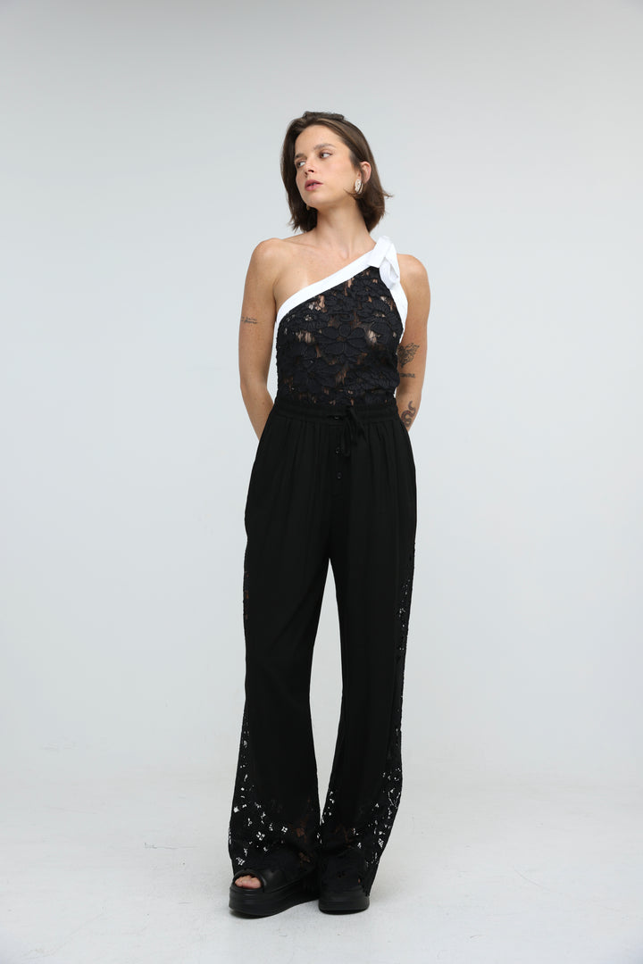 Floral Lace Black One Shoulder Top