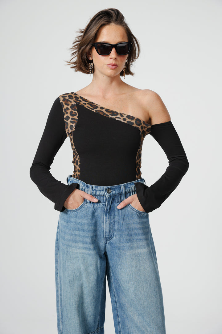 Mixed Black/Leopard One Shoulder Shirt