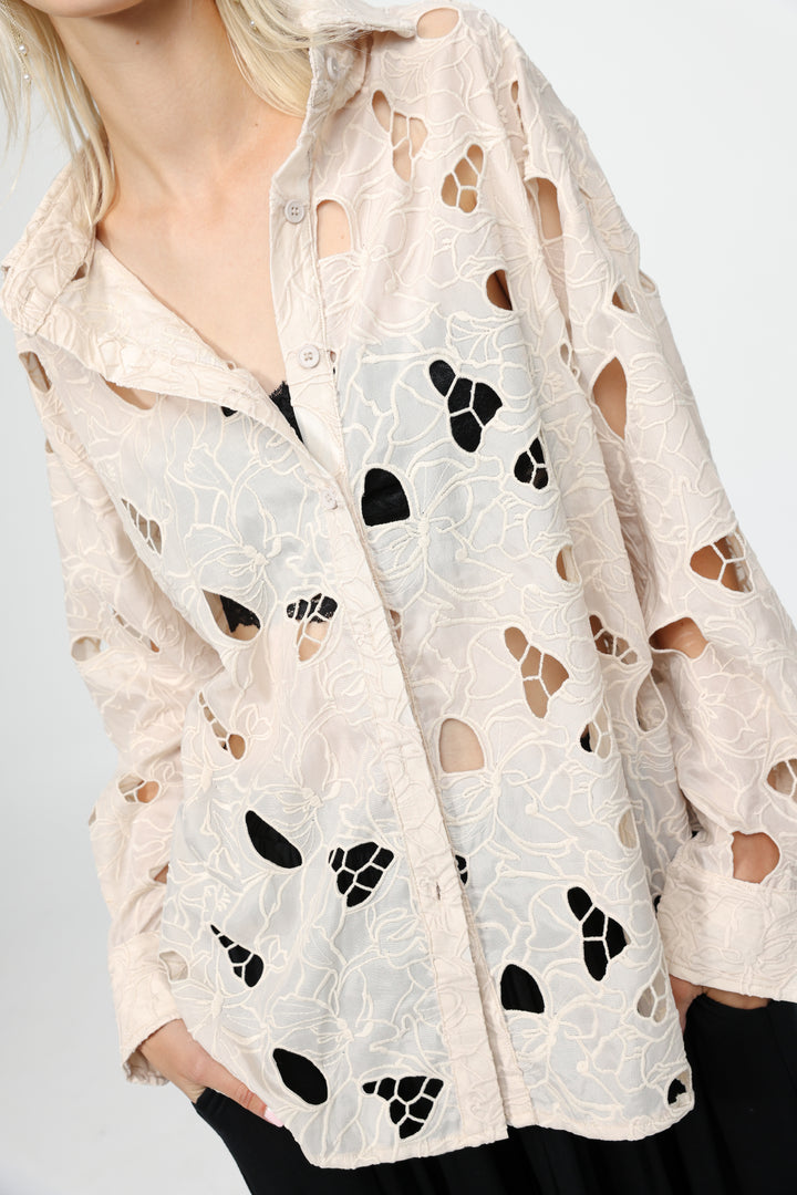 Floral Cutwork Cream Buttoned Shirt