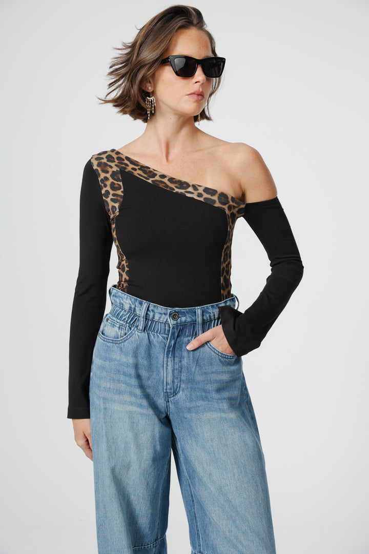 Mixed Black/Leopard One Shoulder Shirt