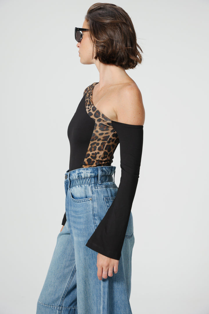 Mixed Black/Leopard One Shoulder Shirt